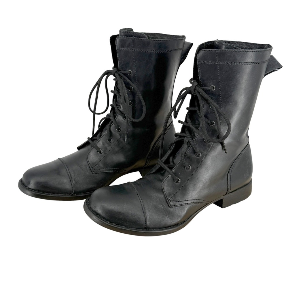 Born Lace Up Combat Boots Womens 9.5 41 Black Leather Cap Toe Low Block Heel